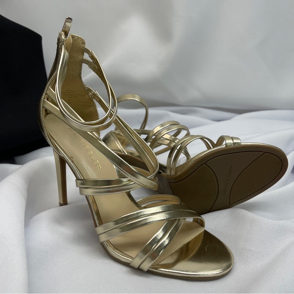 Marc Fisher Rhoda Gold Sandals 4" Heels Size 6.5M